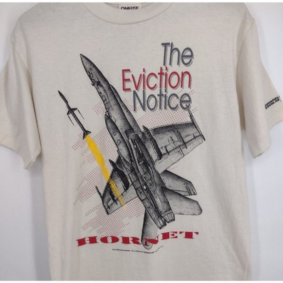 VTG F/A-18 Hornet Fighter Jet Plane Eviction Notice Oneita Cream T-Shirt Men M - Picture 2 of 10